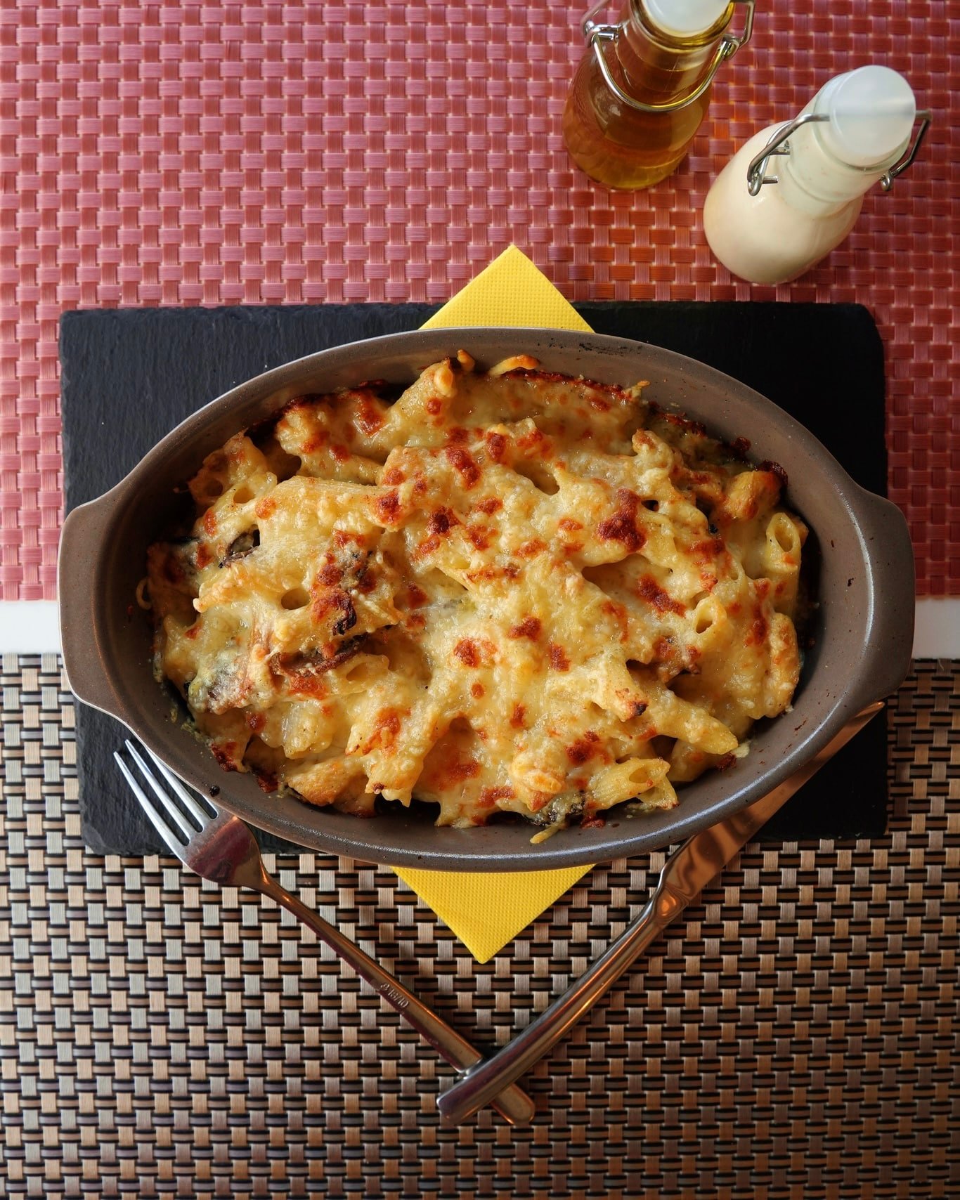 Penne poulet champi gratine